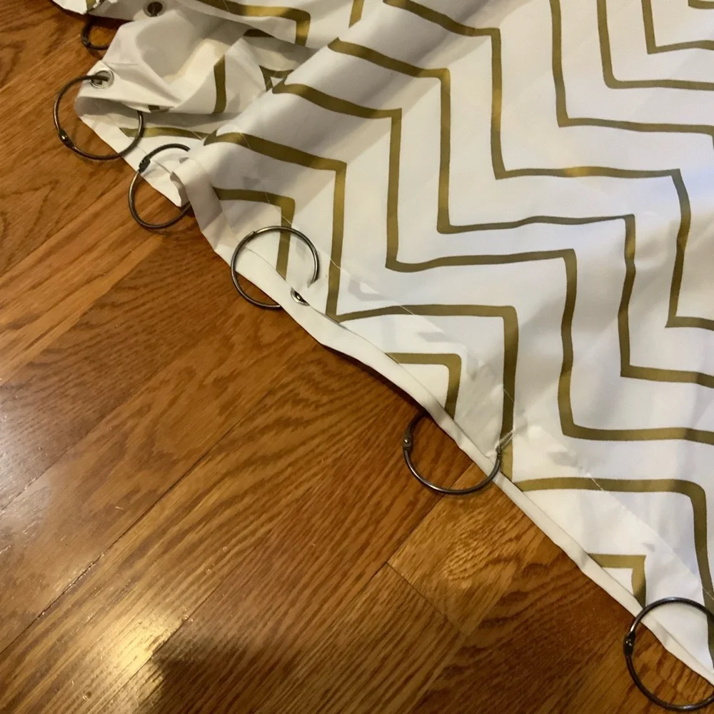 Gold Chevron Patterned Shower Curtain with Liner and Shower Hooks
